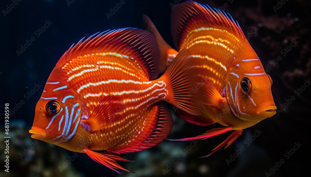 Poster vibrant clown fish swimming in multi colored reef, undersea beauty generated by ai