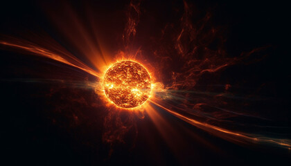 Fototapeta premium Glowing fireball orbiting planet in abstract futuristic illustration of space generated by AI