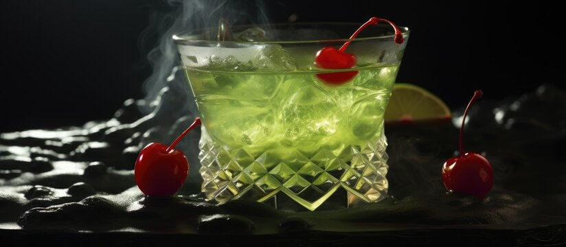 At the holiday party, a devilish character named Diablo sipped on his green cocktail, a striking mix of alcohol and pleasure. The drink, garnished with a red cherry and lime, was served in a glass