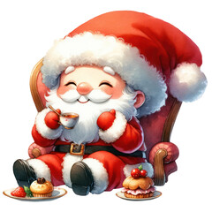 Cute Christmas Santa Claus enjoying Afternoon Tea Set, Watercolor, Isolated on Transparent Background. Generative AI