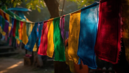 Vibrant colored textiles hanging outdoors, a celebration of indigenous culture generated by AI