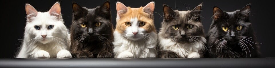Five Cats of Different Colors Lined Up Against a Black Background