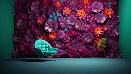Room with armchair and wall of huge colorful artificial 3d flowers, backdrop for photo or digital overlay