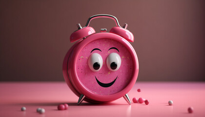 Cute cartoon clock smiling, waking up with cheerful countdown timer generated by AI - obrazy, fototapety, plakaty