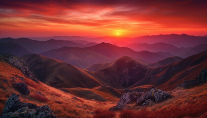 Naklejka premium Majestic mountain range at dusk, tranquil beauty in nature landscape generated by AI