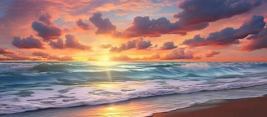 As the sun slowly sets, casting a golden light across the beach, the vibrant colors of the sky merge with the calm blue waters of the ocean, creating a breathtaking summer sunset scene that perfectly