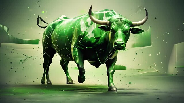 This abstract image shows a bull charging forward, accompanied by a surge of green bullish charts, representing a strong market trend. .