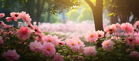 In the vibrant garden, amidst the lush greenery and colorful floral display, the beautiful pink petals of the summer flowers added a natural touch of beauty to the park, captivating the eye and - obrazy, fototapety, plakaty