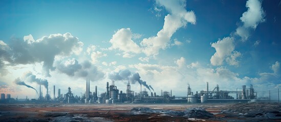 Obraz premium The industrial business at the oil station, chemical gas factory, and construction site worked on harnessing the power of technology to create a blue sky filled with energy, while the cloud of metal