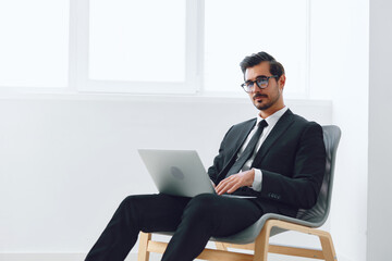 Man business office laptop winner background technology happy chair