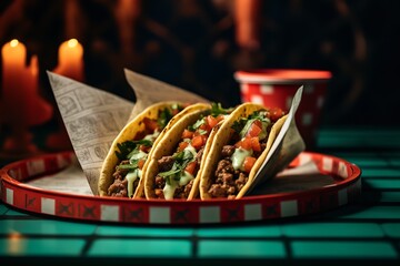 a popular Mexican dish called a taco. Tacos are typically made with corn tortillas that are filled with a variety of meats, vegetables, and sauces. - obrazy, fototapety, plakaty