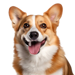 Close-up portrait of a corgi dog on transparent background cutout, PNG file.