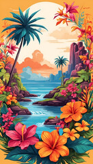 Fototapeta na wymiar Tropical Garden Colorful Illustration Floral Drawing Background Postcard Digital Artwork Banner Website Flyer Ads Gift Card Template