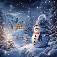 Obraz premium Snowman in winter christmas landscape Magical christmas night