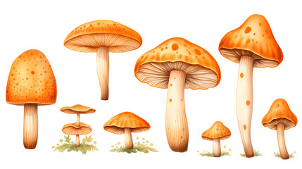 Set of Mushroom watercolor collection of hand drawn, Mushroom orange color, Mushroom elegant watercolor , Mushroom isolated transparent background