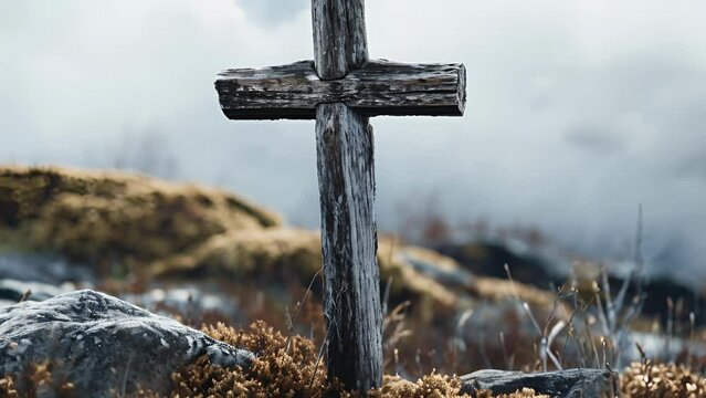 Closeup of a wooden cross, weathered and worn from years of standing atop a windswept hill, symbolizing the enduring nature of faith in the face of time.