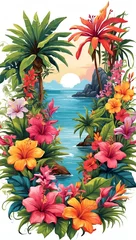 Tuinposter Tropical Garden Colorful Illustration Floral Drawing Background Postcard Digital Artwork Banner Website Flyer Ads Gift Card Template © amonallday