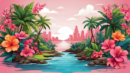 Obraz premium Tropical Garden Colorful Illustration Floral Drawing Background Postcard Digital Artwork Banner Website Flyer Ads Gift Card Template
