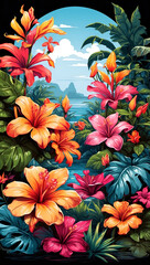 Tropical Garden Colorful Illustration Floral Drawing Background Postcard Digital Artwork Banner Website Flyer Ads Gift Card Template