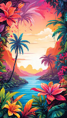 Fototapeta na wymiar Tropical Garden Colorful Illustration Floral Drawing Background Postcard Digital Artwork Banner Website Flyer Ads Gift Card Template