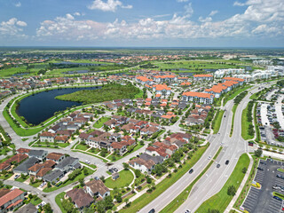 Aerial view of homes in Viera, Florida, a golf centered lifestyle residential community in central...