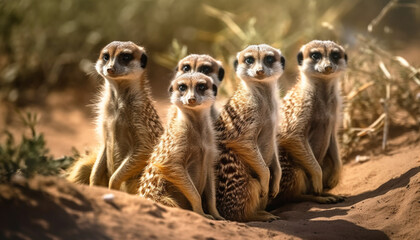 Small meerkat family sitting in a row, staring alertly at camera generated by AI