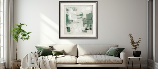 In an abstract design framed on a vintage wall, a white background with hints of green and black showcases a textured, grunge wallpaper. The artwork, an illustration combining lines and grunge