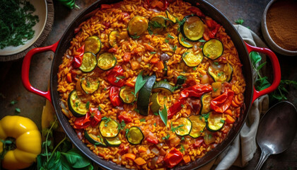 Healthy vegetarian paella cooked with fresh seafood and vegetables generated by AI