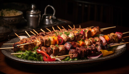 Grilled skewered meat and vegetables, a gourmet summer appetizer plate generated by AI