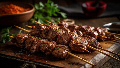 Grilled meat skewers, a savory appetizer for outdoor picnics generated by AI
