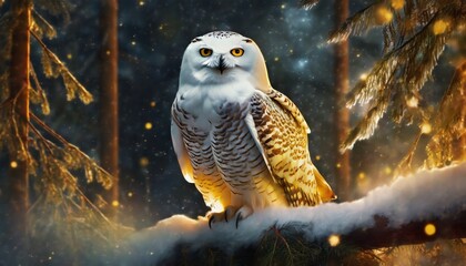 Macro shot of a white snowy owl on a branch in a dark glowing forest background