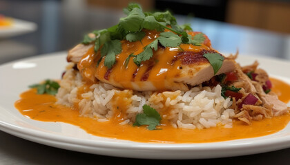 Freshly cooked gourmet meal grilled pork with steamed vegetables generated by AI