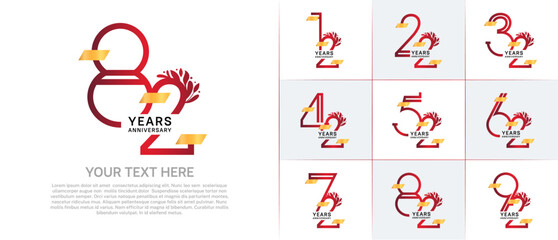 set of anniversary logotype red color with golden glitter for special celebration event