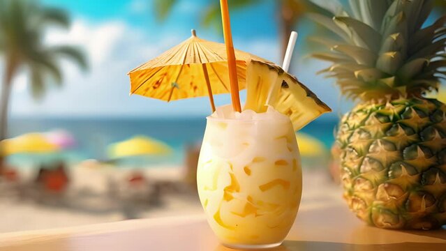 Closeup of a tropical PiÃ±a Colada Mocktail a blend of pineapple juice, coconut milk, and banana, served in a hollowed out pineapple with a colorful umbrella on top.