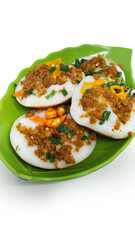 street food from Indonesia, Serabi oncom. Serabi is shaped like a pancake whose main ingredients are rice flour topped with egg, oncom or egg and oncom