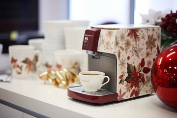Enjoying a hot beverage from a coffee machine with a cup featuring a festive holiday sleeve