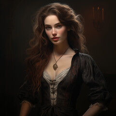 Fototapeta premium A woman in a Gothic style portrait. The style is reminiscent of Rogier van der Weydens work, with the womans serene expression and the detailed background. The lighting is soft and diffused, highligh