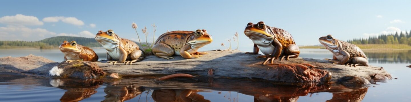 Tranquil Landscape with Five Frogs on a Log in a Pond