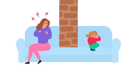 quarrel sitting mother and little daughter on the sofa  brick wall between them family conflict angry woman crying girl vector illustration