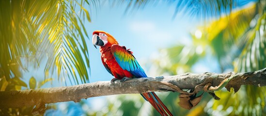 In the lush tropical paradise, a beautiful young bird with colorful feathers fluttered gracefully among the trees, its red, blue, and white plumage a stunning contrast against the vibrant green and