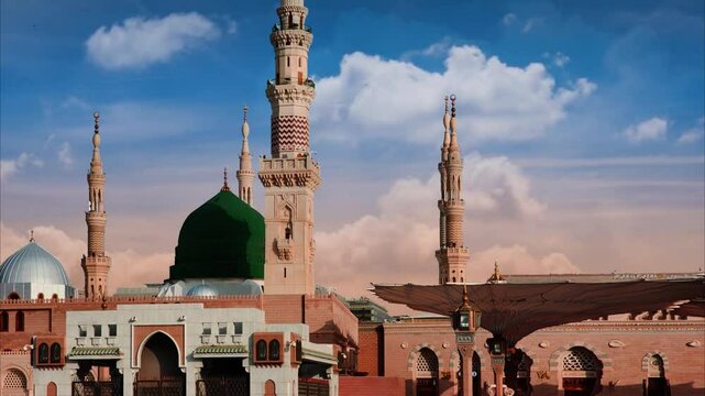 Prophet's Mosque in Medina, Masjid an nabawi clouds timelapse, day time 3D graphic video 4K