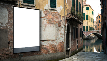Blank billboard copy space brick wall Venice Italy poster marketing advertisement canal old weathered city urban empty nobody water summer architecture signs background display advertise media