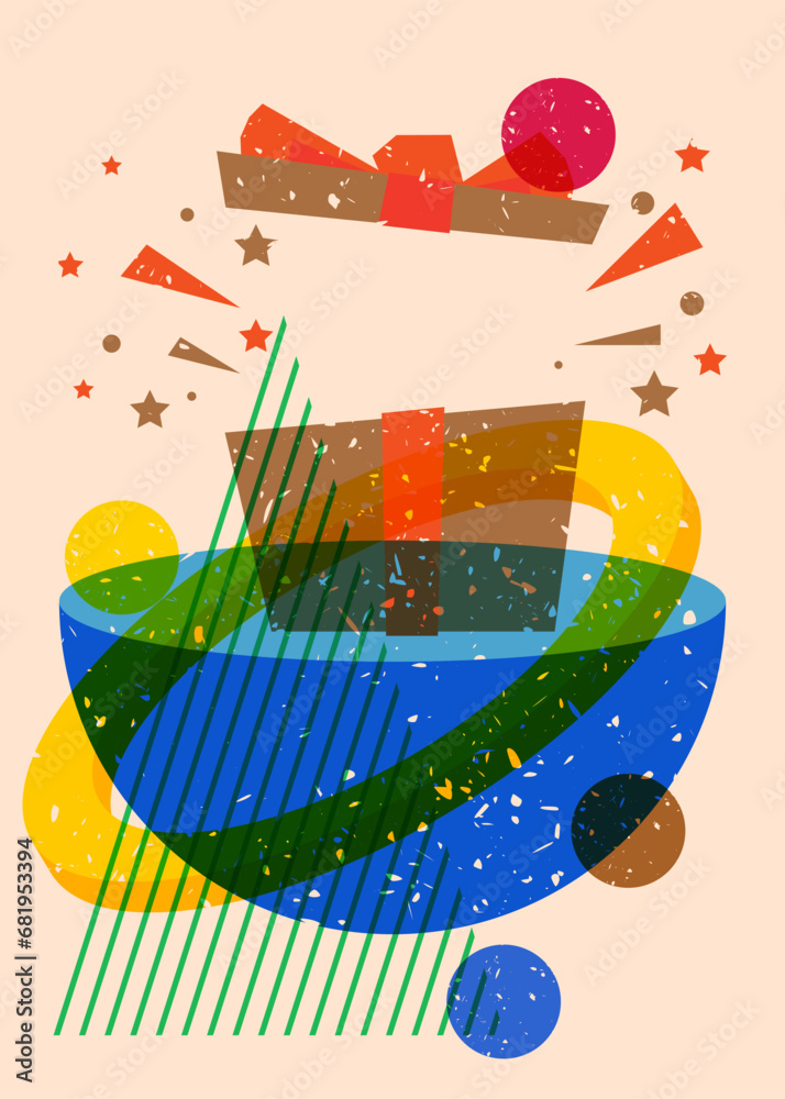 Poster Risograph gift box with geometric shapes. Holiday objects in trendy riso graph print texture style design with geometry elements.