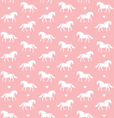 Vector seamless pattern of hand drawn horse and hearts silhouette isolated on pink background