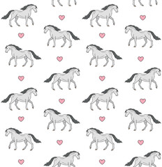 Vector seamless pattern of hand drawn sketch doodle horse and hearts isolated on white background