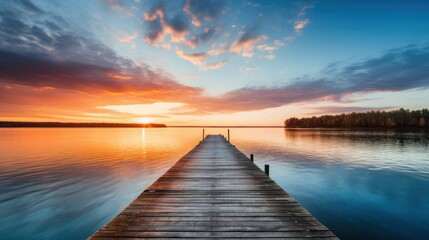 Obraz premium Wooden Pier at Lake Sunset