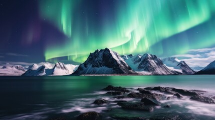 Naklejka premium Aurora Borealis over Snowy Mountain Range