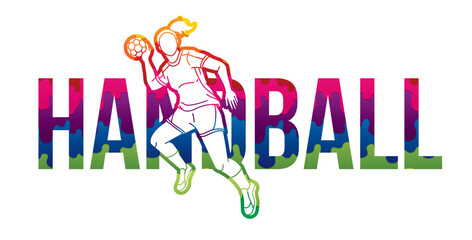 Handball Sport Text Designed with Player Action Cartoon Sport Graphic Vector
