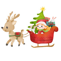 Watercolor illustration of the girl in santa claus outfit and reindeer for christmas and New year celebration.