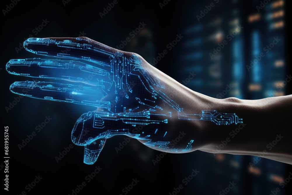 Poster close up of human hand touching with finger digital chip on dark background, view of a cyborg hand h